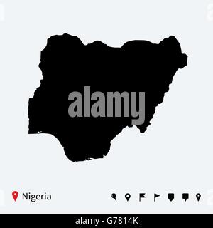 High detailed vector map of Nigeria with navigation pins. Stock Vector