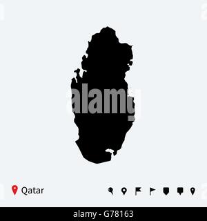 High detailed vector map of Qatar with navigation pins. Stock Vector