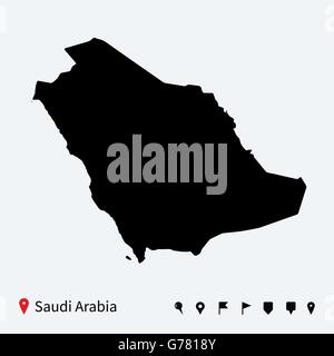 High detailed vector map of Saudi Arabia with navigation pins. Stock Vector