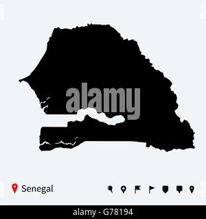 High detailed vector map of Senegal with navigation pins. Stock Vector