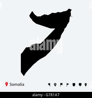 High detailed vector map of Somalia with navigation pins. Stock Vector