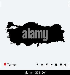 High detailed vector map of Turkey with navigation pins. Stock Vector