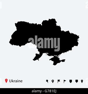 High detailed vector map of Ukraine with navigation pins. Stock Vector