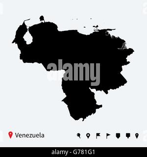 High detailed vector map of Venezuela with navigation pins. Stock Vector