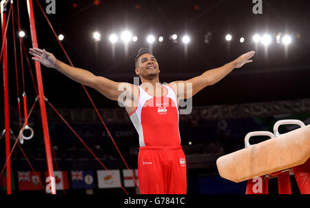 England's Louis Smith during the Men's Artistic Gymnastics Pommel Horse Final at the SSE Hydro, during the 2014 Commonwealth Games in Glasgow. PRESS ASSOCIATION Photo. Picture date: Thursday July 31, 2014. See PA story COMMONWEALTH Gymnastics Artistic. Photo credit should read: Dominic Lipinski/PA Wire. RESTRICTIONS: . No commercial use. No video emulation.
