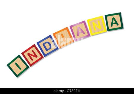 A collection of wooden block letters spelling Indiana over a white background Stock Vector