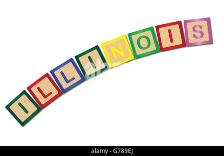 A collection of wooden block letters spelling Illinois over a white background Stock Vector