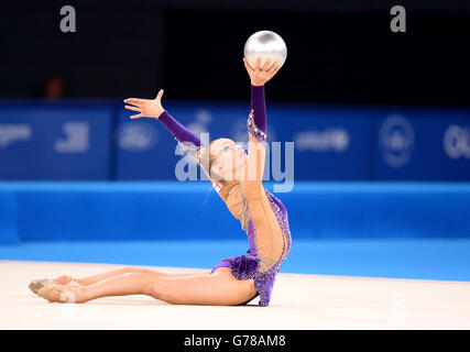 England's Stephani Sherlock competes in the Rhythmic Gymnastics Team Final and Individual Qualification at the SSE Hydro during the 2014 Commonwealth Games in Glasgow. Stock Photo