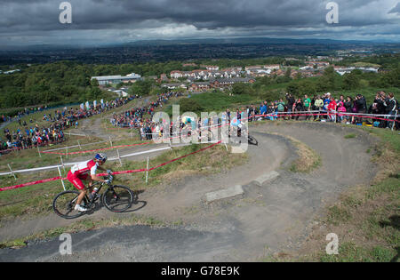 England's Liam Killeen in the Cross-Country Mountain bike race at Cathkin Braes Mountain Bike Trail, during the 2014 Commonwealth Games near Glasgow. Stock Photo