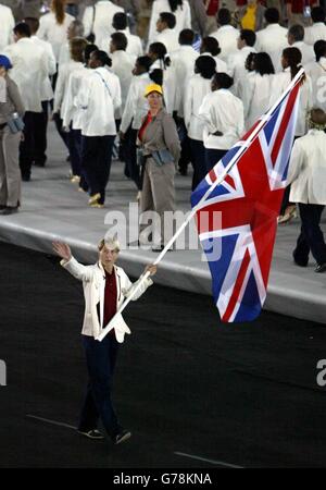 British judo star Kate Howey carries the Union flag during the opening ceremony of the Olympic Games at Olympic Stadium in Athens, Greece. Stock Photo