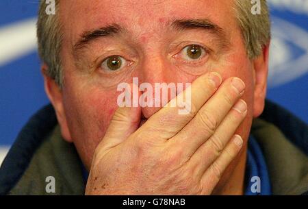 Leeds United manager Terry Venables talks at a press conference in Leeds about his future at Elland Road, after the club agreed to sell Jonathan Woodgate to Newcastle. * The former England boss who had threatened to consider his position if Leeds accepted a bid for Woodgate, was non-comital regarding his future, saying he didn't want to make a knee-jerk reaction. Stock Photo