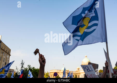 Belgrade, Serbia. 25th June, 2016. Demonstrator with rattle in front of National Assembly in Belgrade. Milos Bojovic/Alamy Live News Stock Photo