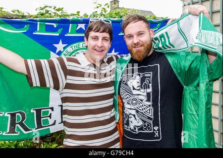 Skibbereen, West Cork, Ireland. 26th June, 2016. Ireland fans Adam Harris and Shane Keegan both from Skibbereen showed their colours before watching the Ireland Vs France game in the Eldon Hotel in Skibbereen in the 2016 Euros. Credit: Andy Gibson/Alamy Live News. Stock Photo
