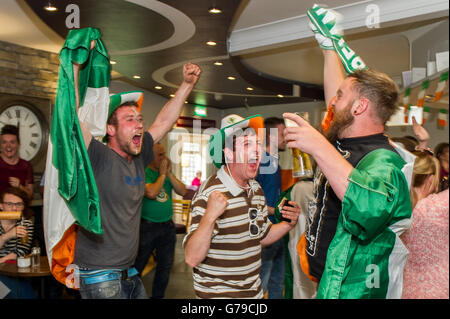 Skibbereen, West Cork, Ireland. 26th June, 2016. Ireland fans celebrate Robbie Brady's 2nd minute goal from the penalty mark in the Ireland Vs France game, watched in the Eldon Hotel in Skibbereen in the 2016 Euros. Credit: Andy Gibson/Alamy Live News. Stock Photo