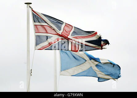 A Union Flag and Saltire Flag are pictured in Edinburgh, with less than a month to go before the Scottish independence referendum. Stock Photo