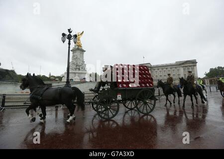 A Western Front Association charity commemoration, as eighty-five poppy wreaths, representing the eighty-five units the British Expeditionary Force took at the outset of WW1, are brought past Buckingham Palace in London, on the back of a Great War era horse-drawn wagon, en-route to their eventual destination in France. Stock Photo