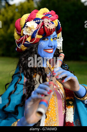 Laxmipriya Patel, 21, from Watford dressed as Lord Krishna at the Bhaktivedanta Manor Hare Krishna Temple in Watford during the Janmashtami Festival. Stock Photo