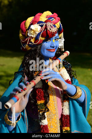 Laxmipriya Patel, 21, from Watford dressed as Lord Krishna at the Bhaktivedanta Manor Hare Krishna Temple in Watford during the Janmashtami Festival. Stock Photo