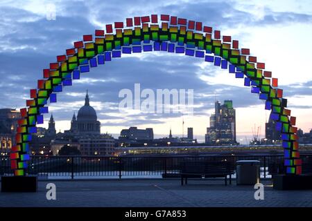 Samsung transforms the London skyline with 26 feet by 14 feet Super AMOLED (active-matrix organic light-emitting diodes) Midnight Rainbow made out of 150 Tab Ss on London's Southbank. Stock Photo