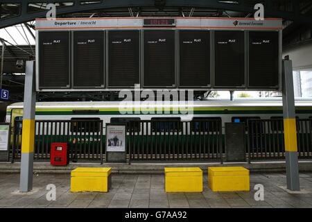 Empty platforms and idle trains at Heuston rail station in Dublin as a National Bus and Rail Union strike continues into it's second day. Stock Photo