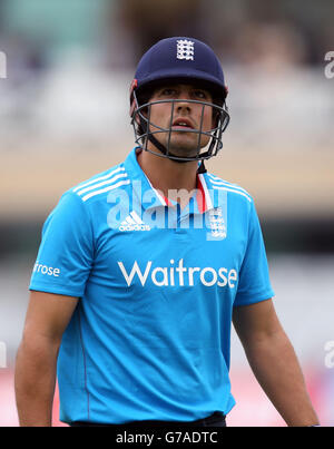 England's Alastair Cook walks off dejected after losing his wicket during the Royal London One Day International at Trent Bridge, Nottingham. Stock Photo