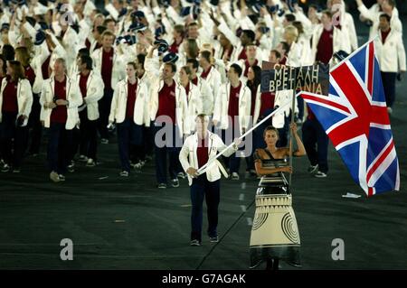 Great Britain's flag bearer and judo competitor Kate Howey leads the team in the opening ceremony of the Olympic Games 2004 in Athens, Greece. Stock Photo