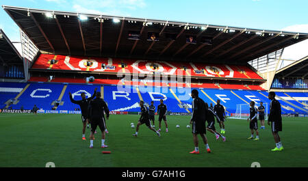 Real Madrid's players during training at the Cardiff City Stadium with new tier on the stand finished in the during the summer , Cardiff. Stock Photo