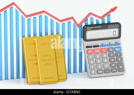 Golden price concept, chart with calculator and gold bars. 3D rendering Stock Photo