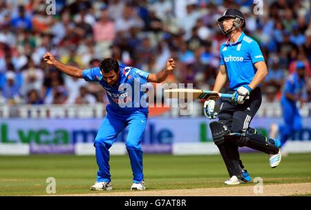 India's Mohammed Shami successfully appeals for the wickets of England