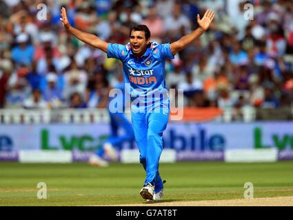 India's Mohammed Shami successfully appeals for the wickets of England