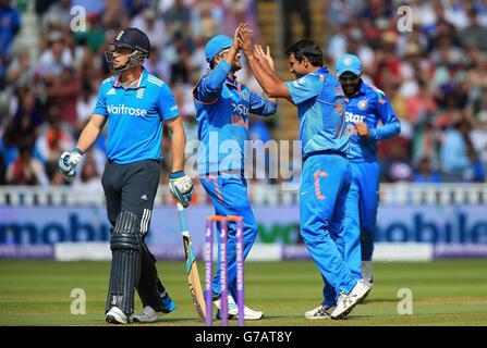 India's Mohammed Shami successfully appeals for the wickets of England