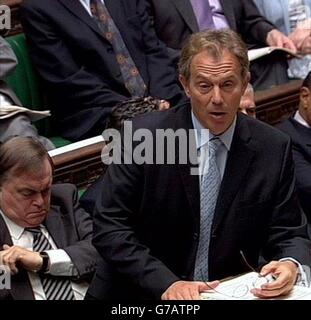 British Prime Minister Tony Blair during his weekly Question Time at the House of Commons, London. We are advised that video-grabs should not be used by daily papers later than 48 hours after the broadcast of the programme, without consent of the copyright holder. ALL TV AND INTERNET OUT. Stock Photo