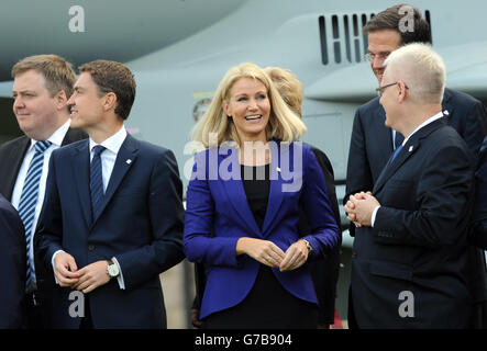 Danish Prime Minister Helle Thorning Schmidt and other Nato leaders gather to watch a flypast of military aircraft from Nato member countries on the final day of the summit at the Celtic Manor Resort in Newport, south Wales. Stock Photo