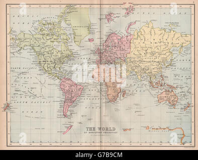 'The World on Mercators Projection'. BARTHOLOMEW, 1878 antique map Stock Photo