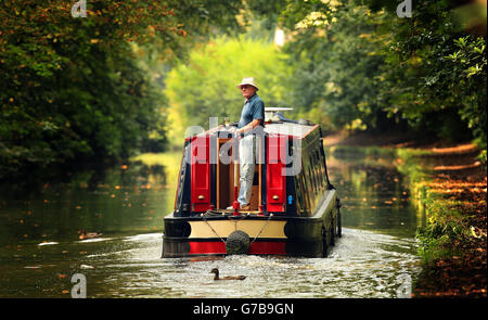 A man navigates his barge down the Bridgewater Canal near Walton Hall, Cheshire, as the warm weather continues. Stock Photo