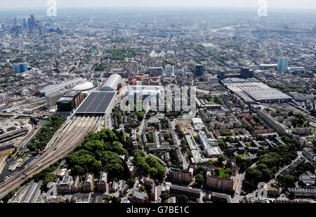 A view of Kings Cross (left) St Pancras (centre) and Euston (large square roof right) stations in north London. Stock Photo