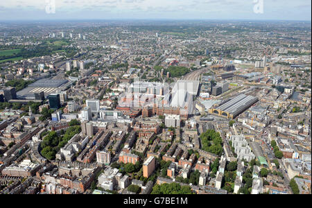 A view of Euston (large square roof left) St Pancras (centre) and Kings Cross rail stations in north London. Stock Photo