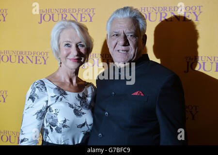 Dame Helen Mirren and Om Puri attend the gala screening of The Hundred Foot Journey at Curzon Mayfair, London. Stock Photo
