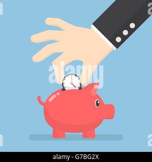 Businessman hand putting clock into piggy bank, time management and time saving concept