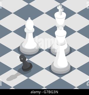 Isometric black pawn surrounded by white king, queen, bishop on the chessboard, facing the challenge, working under pressure con Stock Vector