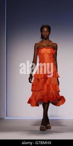 A model on the catwalk during the London Fashion Week Spring/Summer 2005 show by designer Nicole Farhi, held at Banqueting House in Whitehall, central London. Stock Photo