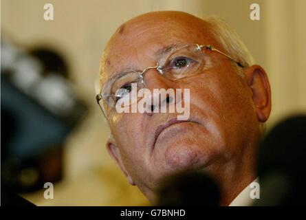 Former President of the USSR Mikhail Gorbachev speaks during a news conference at the launch of the W.M.D. Awareness Programme, held at the Foreign Press Agency in London. Stock Photo