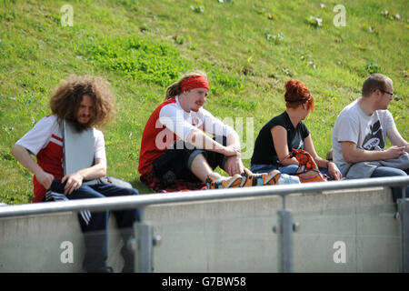 Charlton Athletic fans outside the AMEX Stadium before the match Stock Photo