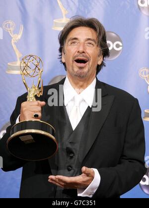 Actor Al Pacino with his award for Best Lead Actor in a mini-series or movie for his role in Angels in America, backstage during the 56th Annual Emmy Awards, held at the Shrine Auditorium in Los Angeles. Stock Photo