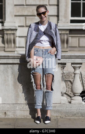 Editor Micaela Quiroga Cucchietti attends London Fashion Week at Somerset House, London. Stock Photo