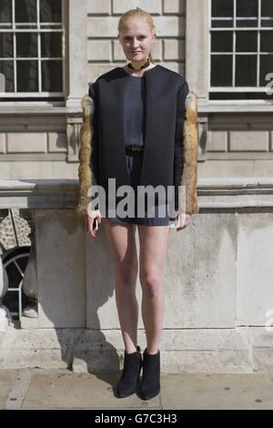 PR Lindsey Virtue attends London Fashion Week at Somerset House, London. Stock Photo