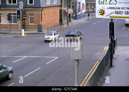 Image showing the police 'Spy' camera installed on Huntingdon Street in Nottingham, Britain's first such camera. The 'spy in the sky' cameras are able to detect motorists jumping red traffic lights. Stock Photo