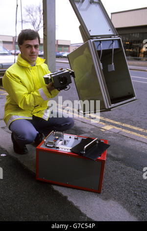 Image showing the police 'Spy' camera installed on Huntingdon Street in Nottingham, Britain's first such camera. The 'spy in the sky' cameras are able to detect motorists jumping red traffic lights. Stock Photo