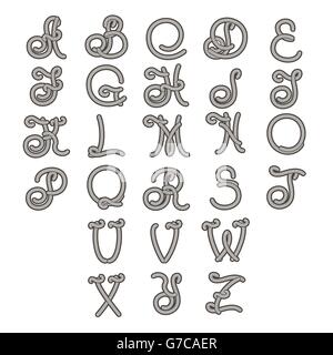 Hand drawn font in shape of ropes. All letters isolated on white. Stock Vector