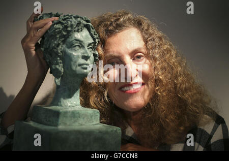 Nicole Farhi with a sculpture of Helena Bonham-Carter at the launch of From the Neck Up a debut exhibition of her sculptures, at Bowman Sculpture in London. Stock Photo